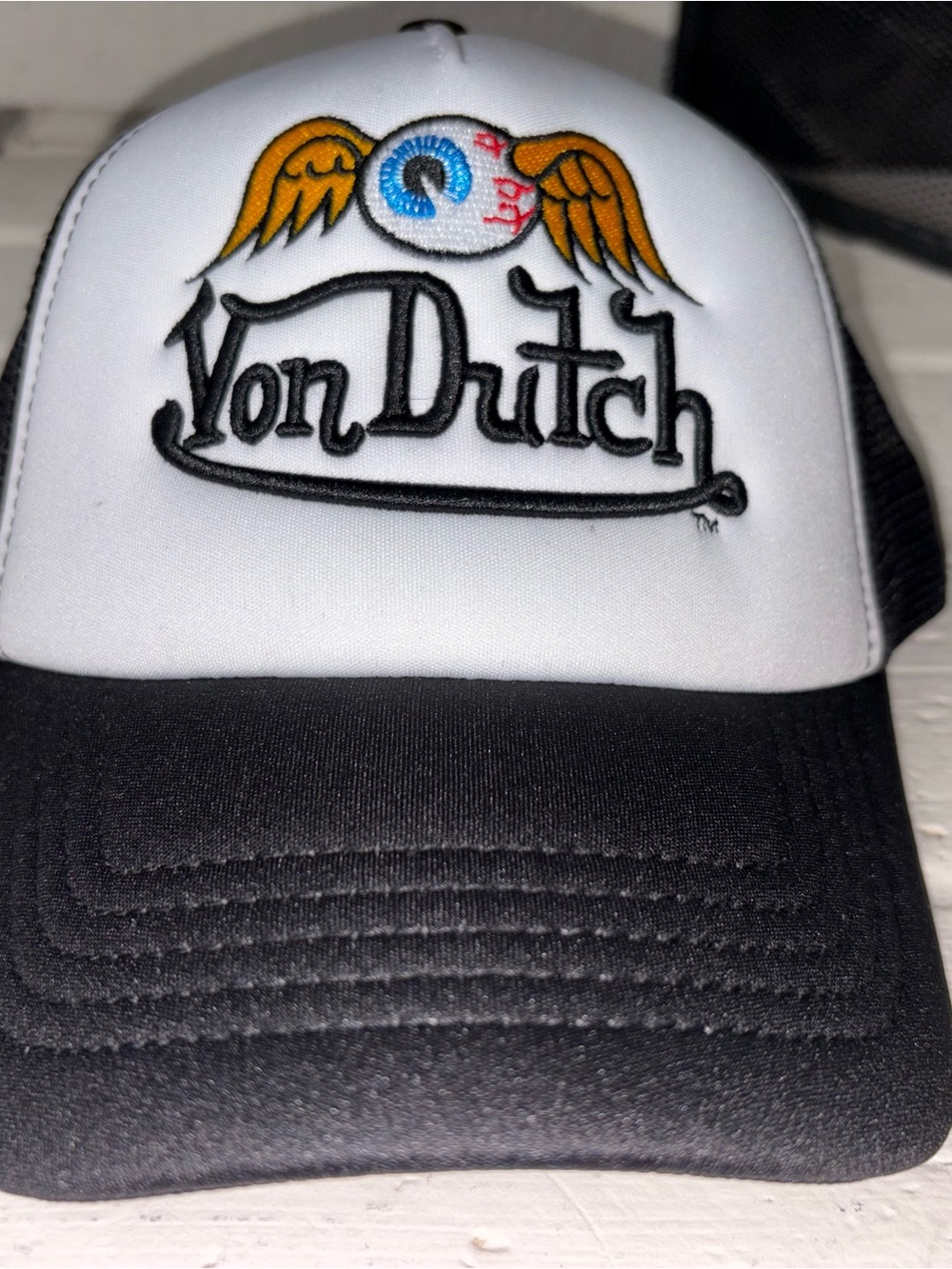 Von Dutch Black and White Trucker Hat with Winged Eye Patch - Picture 3 of 9